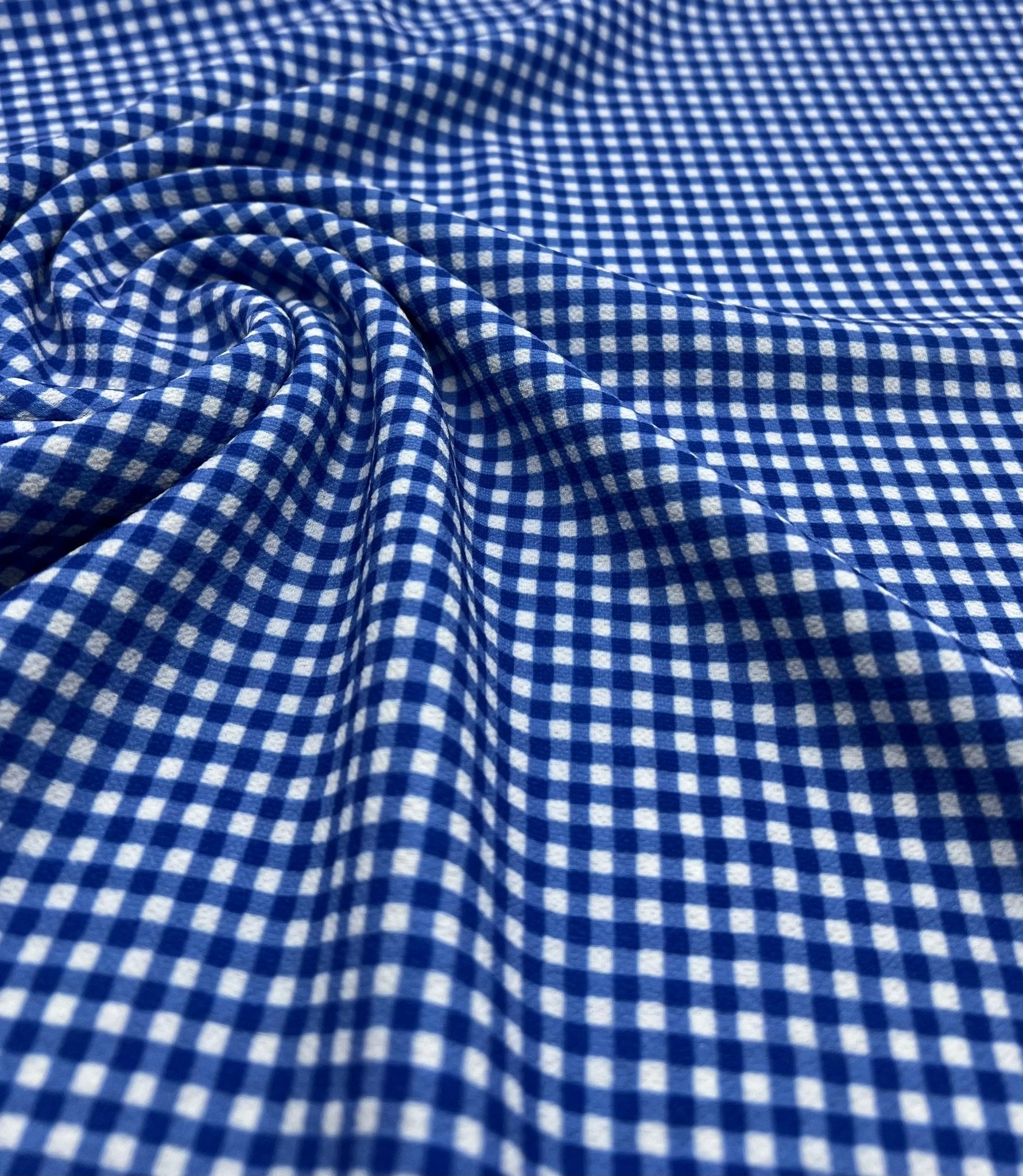 Blue Gingham Check Print Lightweight Bubble Crepe Fabric - T9 Fabrics